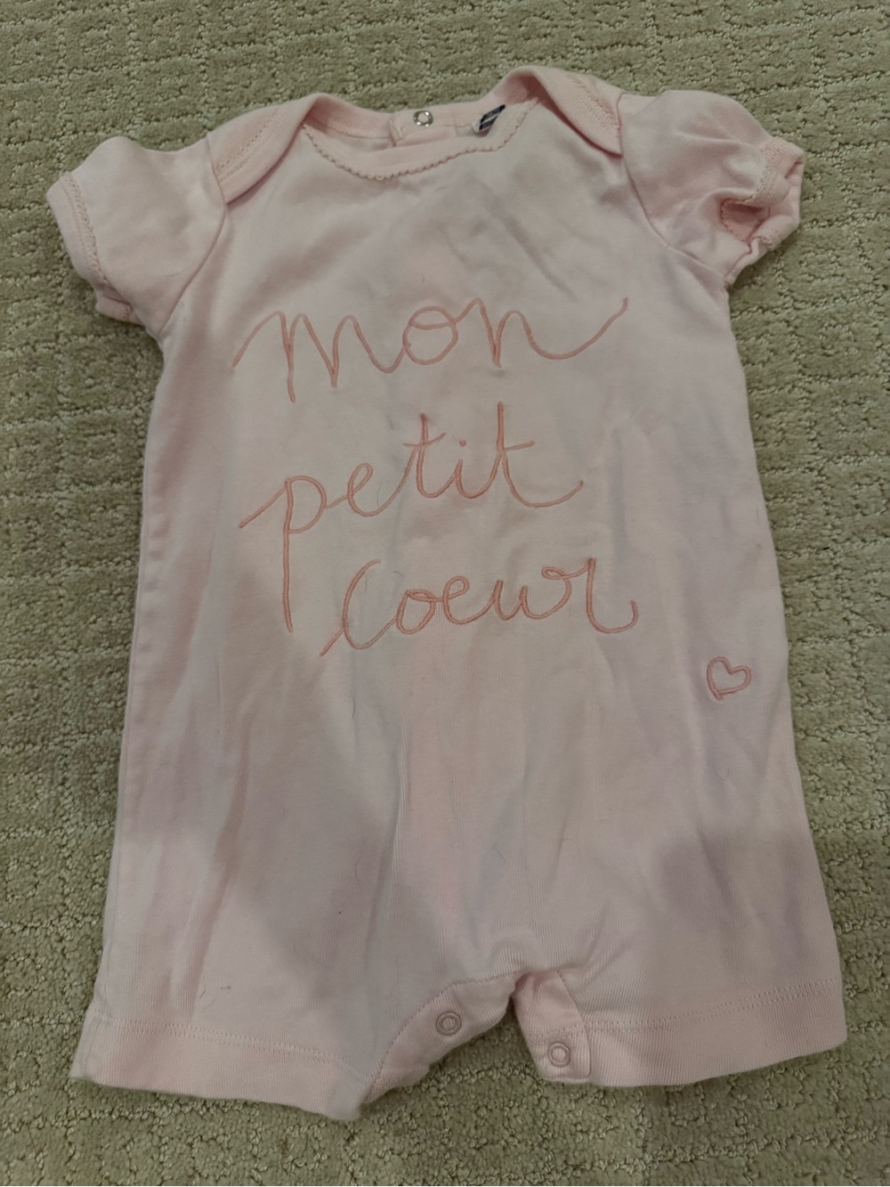Petit Bateau Light Pink Short-Sleeve One-Piece with 'mon petit coeur' Script
